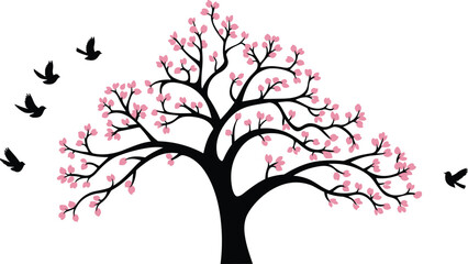 silhouette of a birds flying to the pink vinyl tree wall art decor vector illustration