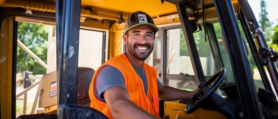 A cheerful worker is sitting in the cab of a mini excavator with a smile on his face. Generative AI