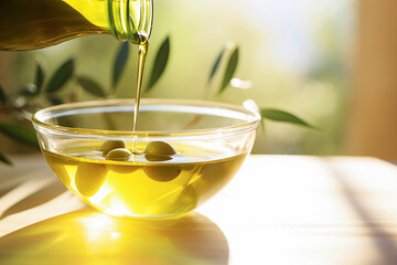 Wall Mural -  Olive oil is poured from a bottle into a bowl