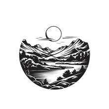 Sunrise Mountain Illustration In Black And White Color, Circle Shape Outdoors Mountain Logo Concept.
