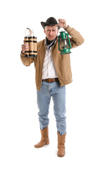 Poster - Mature cowboy with explosive and lantern on white background