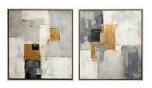 A Set Of Abstract Wall Oil Paintings With Gray And Gold Lines. Geometric Abstractions Of The Picture In A Bright Frame. Modern Interior Design/triptych. Isolated On A Transparent Background. KI. 