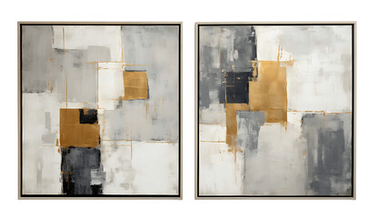 A set of abstract wall oil paintings with gray and gold lines. Geometric abstractions of the picture in a bright frame. Modern interior design/triptych. Isolated on a transparent background. KI. 