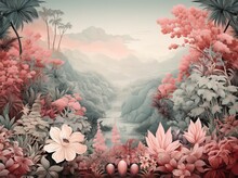 Painting Of Tropical Leaves And Pink Shades, In The Style Of Muted Earth Tones, Romantic Illustrations , Wallpaper