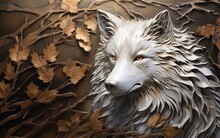 A White Wolf On The Woods Near The Sun, In The Style Of Dark Bronze And Gray, Wallpaper 3d