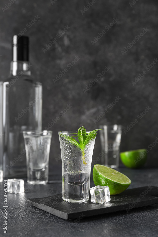 Glass of cold vodka on dark background