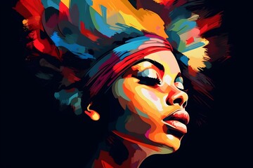 Portrait of beautiful african american woman. Vector art, abstract painting isolated on black. Black lives matter, BLM poster created with Generative AI technology