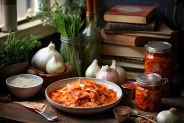 table with kimchi ingredients and recipe book