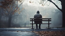 A Person Is Sitting Alone On A Bench In An Empty Park - Generative AI