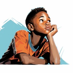 Black boy in thinking and doubts pose cartoon illustration. Young male character with dreamy face on abstract background. Ai generated bright cartoonish poster.