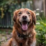 Fototapeta Zwierzęta - a happy dog panting in a summer yard during a nice day outside