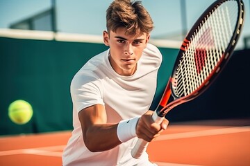 Tennis player, Focused young male hitting a ball.