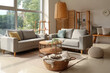 © Pixel-Shot - Interior of light living room with cozy grey sofas and wooden coffee table