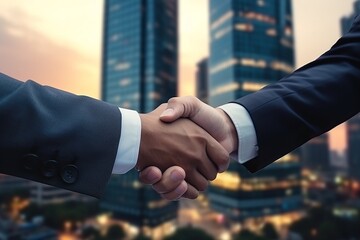 businessmen shake hands on the background of the city. Business concept. conclusion of a contract. generative ai.