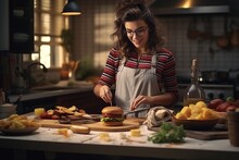 The Girl Cooks Hamburgers In The Kitchen. Generative Ai.