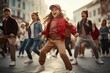 © robertuzhbt89 - happy girls and boys dancing on the street. Concept of happiness. generative ai.