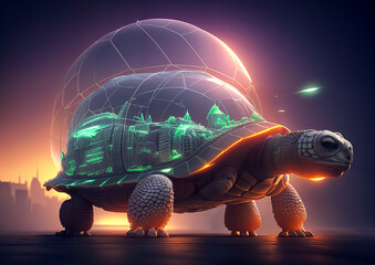 Futuristic city in a glowing shell gigantic turtle. Digital illustration. Generative AI.