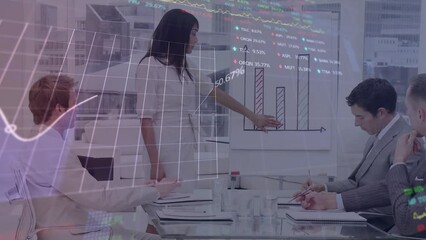 Poster - Animation of stock market data processing over biracial woman giving a presentation at office