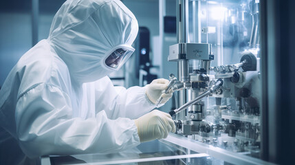 Wall Mural - A man in protective clothing working on equipment. Pharmaceautical clean room, industrial design, large scale chemical production in controlled sterile conditions