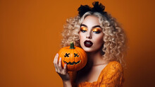 Model Woman Wearing Costume And Halloween Makeup Holding Carved Pumpkin, Isolated On Orange Background