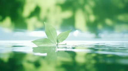 Three leaves on mirror surface with reflection out of focus green tones natural background. Generative ai