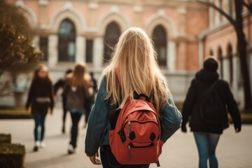 Girl backpack going class. Generate Ai