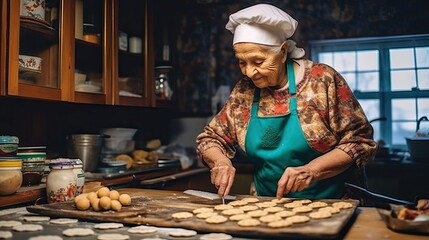 Elder woman baking cookie in her kitchen