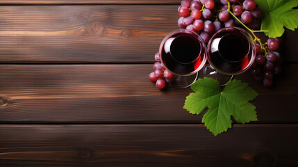 Wall Mural - Grape over a dark wooden table and two glass with red wine.