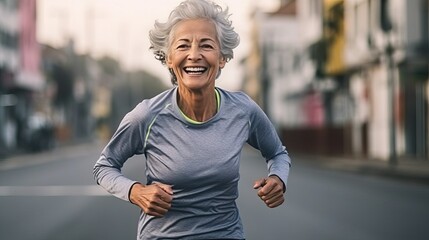 Wall Mural - Woman in her 60s running a marathon, elder sport runner