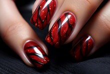 Hand red black manicure nails. Generate Ai