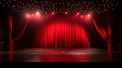 Simple stage with lighting, red curtains, spotlights 