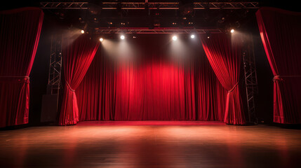 Simple stage with lighting, red curtains, spotlights 