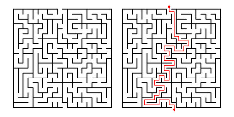Vector Square Maze. Labyrinth with Included Solution in Black  Red. Funny  Educational Mind Game 