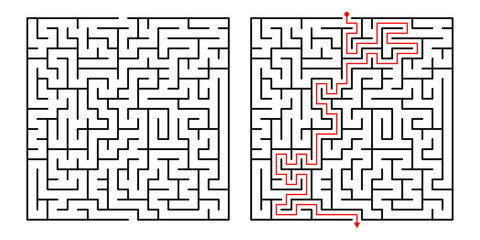 Wall Mural - Vector Square Maze. Labyrinth with Included Solution in Black  Red. Funny  Educational Mind Game 