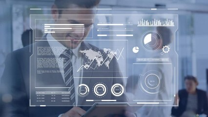 Wall Mural - Animation of graphs, loading circles and map over caucasian man using digital tablet in office