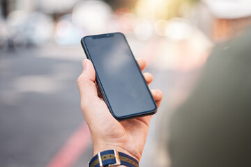 Aufkleber - Phone, mockup and hands of man in a city with connection, contact and app for a location. Cellphone, screen and male online for directions, search internet and guide with network, street and travel