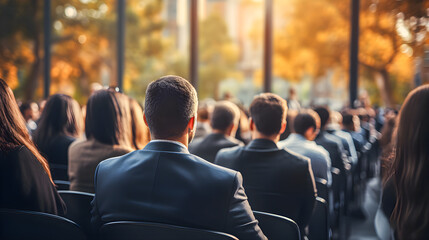 Business people sitting as an audience at a business convention or event in a meeting room listening to a lecture. Back view and blurred background with copy space