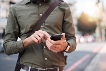 Aufkleber - Phone, hand and man typing in a street, contact and location with navigation, network and social media. Smartphone, person and male online for app, directions and guide with internet, city or outdoor