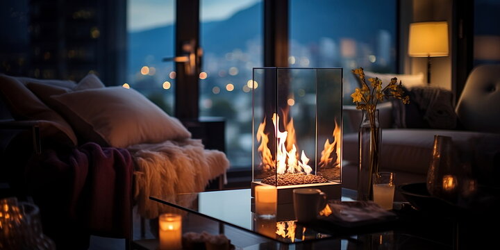 cozy room with sofa ,candle light and kamin on front evening windows ,urban city life modern design