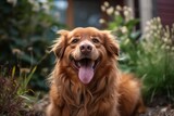 Fototapeta Zwierzęta - happy summer furry dog in a bright summer neighborhood yard portrait