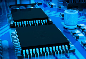 Computer mother board chip, ic chip circuit, abstract technology background. 3d illustration..
