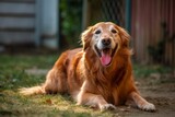 Fototapeta Zwierzęta - portrait of a happy family dog outside in a summer suburban yard in the summer