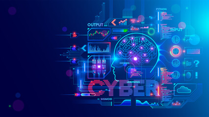 Poster - Development chatbot gpt or AI assistance. Abstract interface elements of artificial intelligence. Deep machine learning. Big data processing technology. head of AI chat bot with electronic brain.