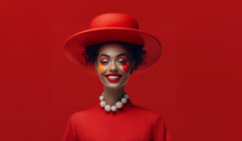 An Elegant Beautiful Woman Dressed In Red, Wearing A Red Hat And A Pearl Necklace Against A Bright Red Background With Red And Orange Paint On Her Face. Striking Photography For Advertising & Fashion.