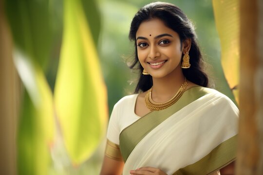 A smiling female of Indian ethnicity wearing traditional Kerala style sari and jewellery. Generative AI