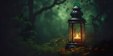 Mysterious Lit Old Lantern In The Woods At Night. Halloween And Magic Concept. 