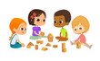 © FoxyImage - Smiling multicultural kids sit on floor in circle, play with toy cubes and talk. Children's entertainment, preschool and kindergarten activity concept. Vector illustration for website, banner, poster.