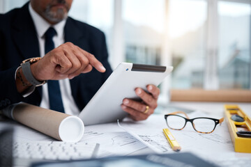 Poster - Tablet, hands and architect with research at desk for typing, architecture or planning on internet. Technology, fingers of man and engineer writing, construction design and email for online blueprint