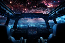 Futuristic Cockpit Of Spaceship Control System Room With Planets View Scenery, Outer Space, Astronaut. Planet Horizon