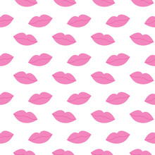 Pattern Of Pink Lips On White Background. Vector Glam Pink Lips Cartoon Seamless Pattern